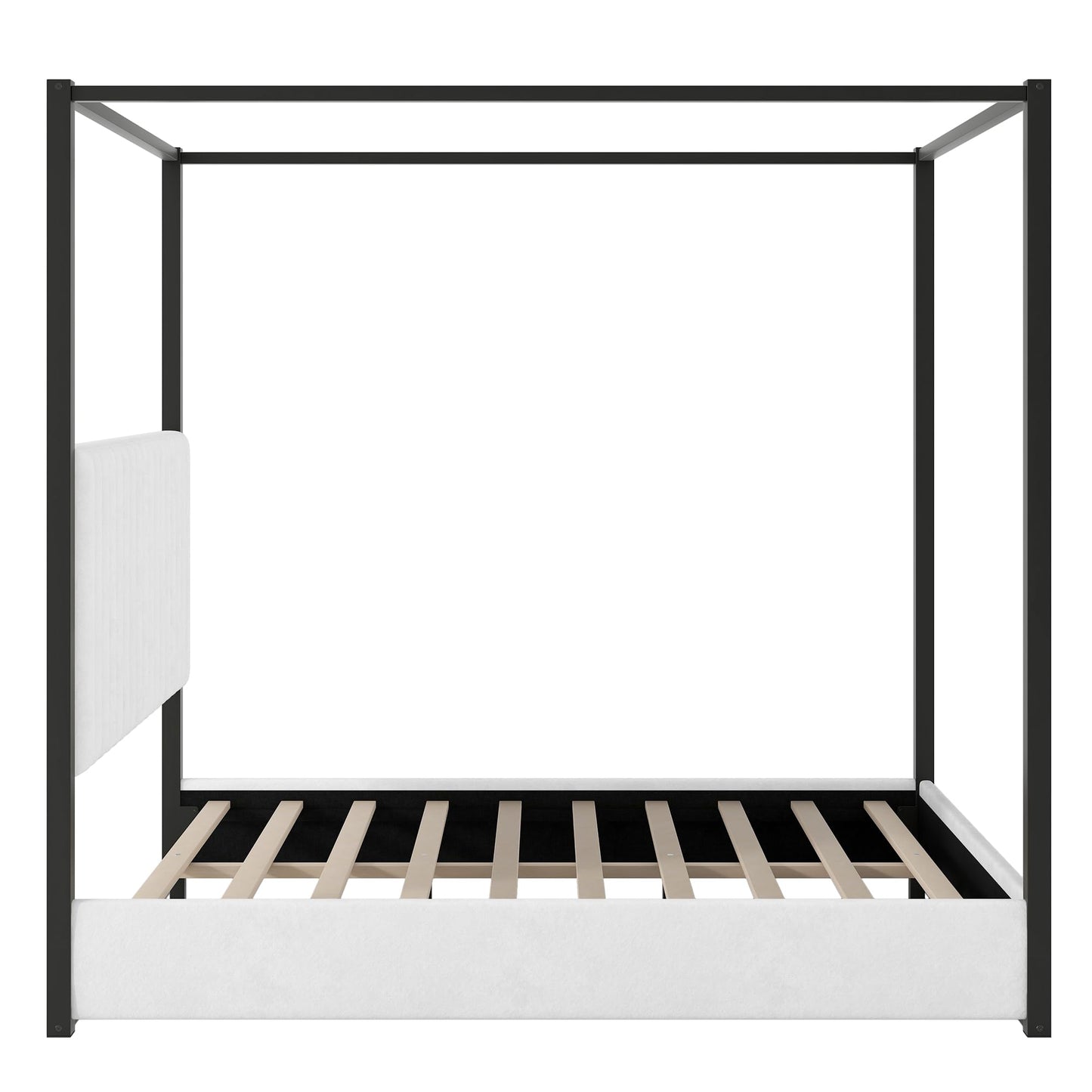 GDFStudio Queen Size Canopy Bed Frame with Upholstered Headboard, Metal Frame Platform Design, Four Poster Metal Frame Bed, Romantic Bedroom Decor, Modern Bedroom Furniture, Black White