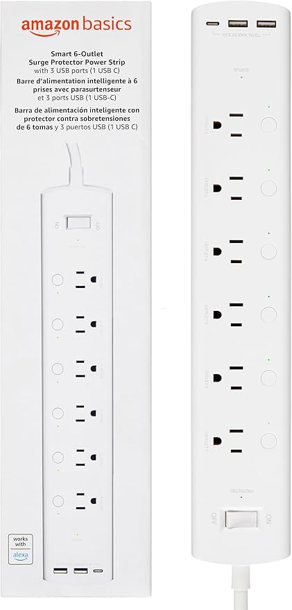 Amazon Basics Smart Plug Power Strip with 6 Individually Controlled Outlets and 3 USB Ports (2 USB-A and 1 USB-C), Works w...