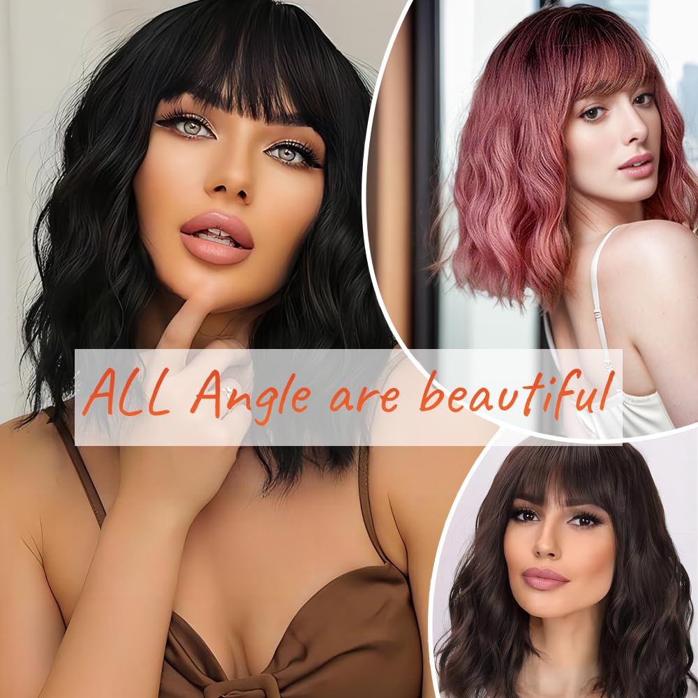 Short Wavy Black Wig with Bangs 14inch Natural Black Wigs for Women Short Curly Bob Wigs Synthetic Natural Looking Hair Replacem