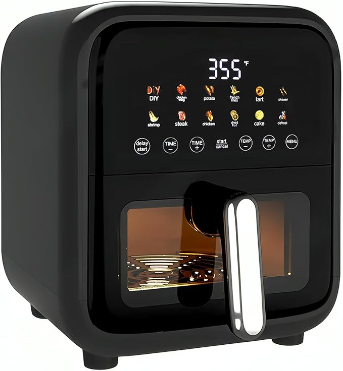Simple Deluxe 12-in-1 Air Fryer 7.5 Qt, Digital Preset & DIY Function Airfryer with Visible Window, Nonstick and Dishwasher-Safe Basket, Chicken, Fries, Fish, Tart, Cake, DIY, Black