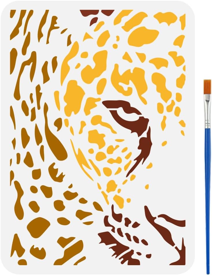 FINGERINSPIRE Peep Leopard Stencil with a Paint Brush 11.7x8.3Inch Abstract Leopard Pattern Painting Stencil Reusable PET Animal Themes Decoration Template for Painting on Wood Wall Floor Furniture