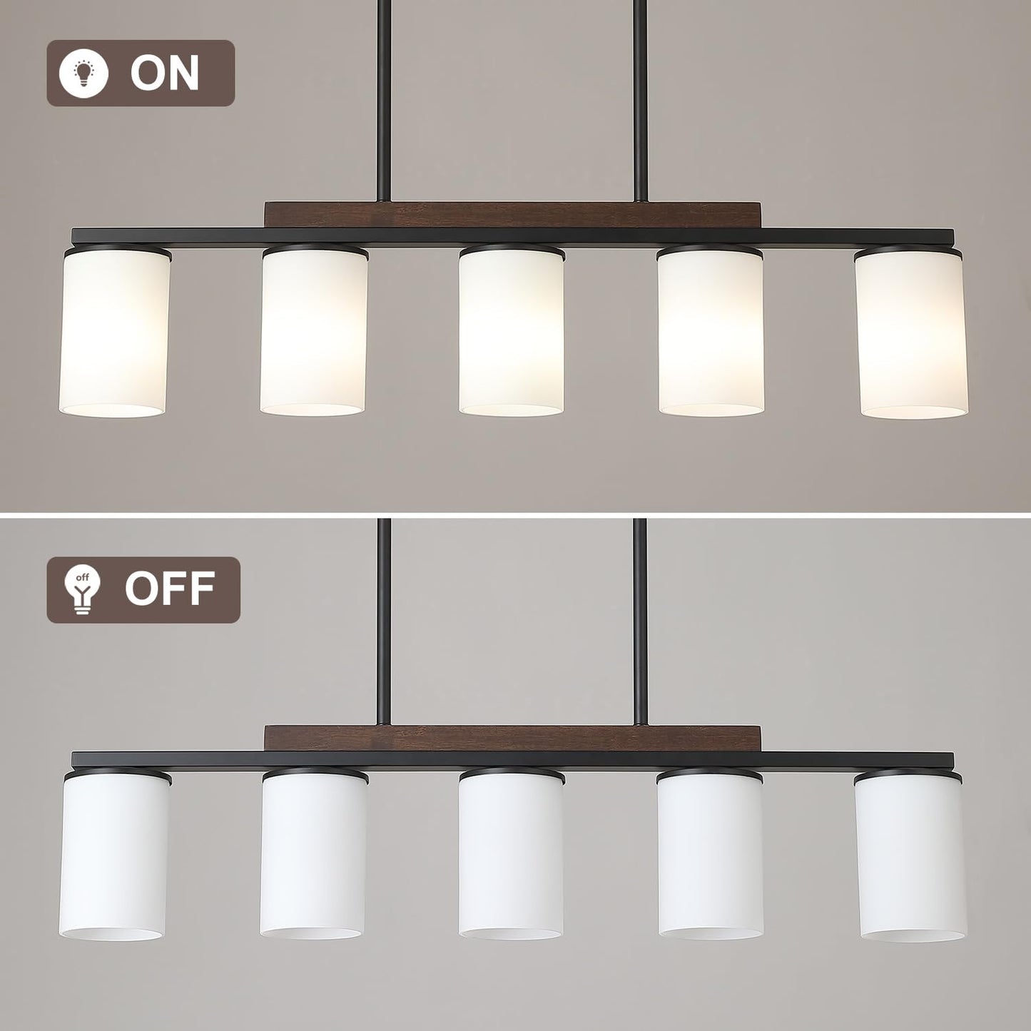 Mecgirn Farmhouse Dining Room Light Fixtures Over Table  Black Pendant Lights For Kitchen Island With Milk Glass Shade  5 Light Linear Chandelier Lighting With Wood