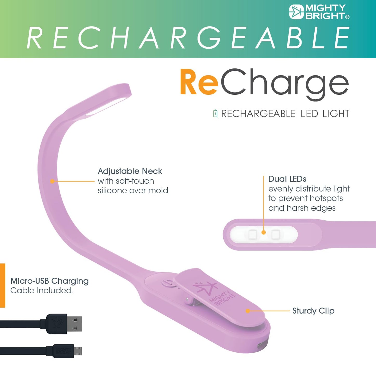 Mighty Bright The Original Recharge Clip On – USB Rechargeable Book Light – Warm LED Reading Lamp – Flexible, Dimmable, Lasts Up to 60 Hours a Charge (Lavender)