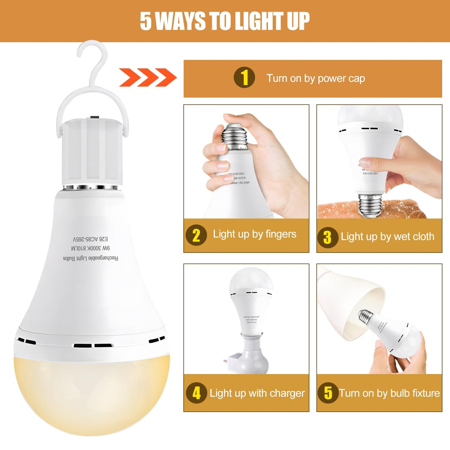 Emergency Rechargeable Light Bulbs 6 Pack, Keep Lighting When Power Failure, A21 9W 60W Equiv., Battery Operated Light Bulb with 1200mAh for Home Camping, Emergency Time 4-5 hrs(with Hook, Warm White)