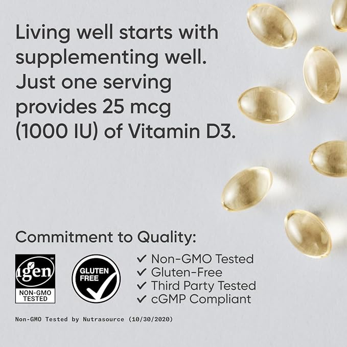 Sports Research Vitamin D3 1000iu (25mcg) Infused with Coconut Oil ~ Immune & Bone Support ~ Non-GMO Verified, Soy & Gluten Free (360 Mini Liquid Softgels)