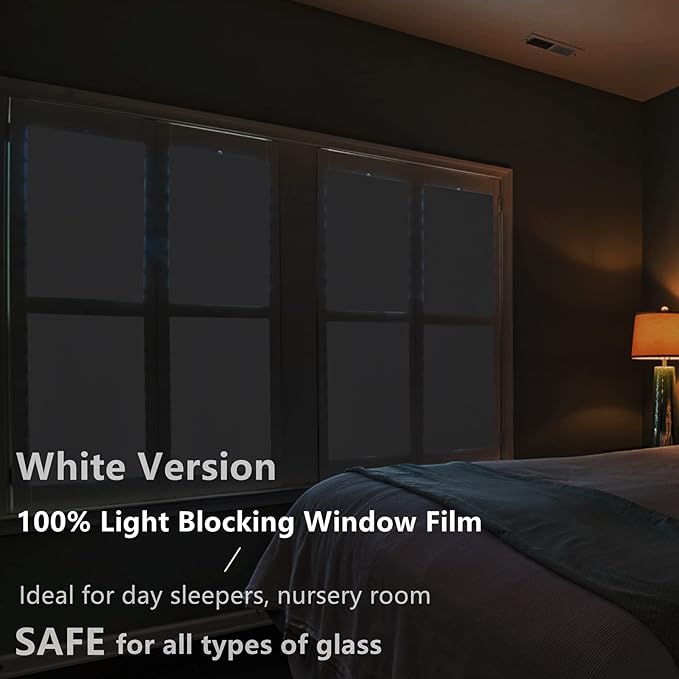 FEOMOS White Total Blackout Window Film, Static Cling Blackout Window Clings, 100% Light Blocking Film, Room Darkening Window Cover for Privacy Day Sleep Sun Blocking 23.6x118 inches