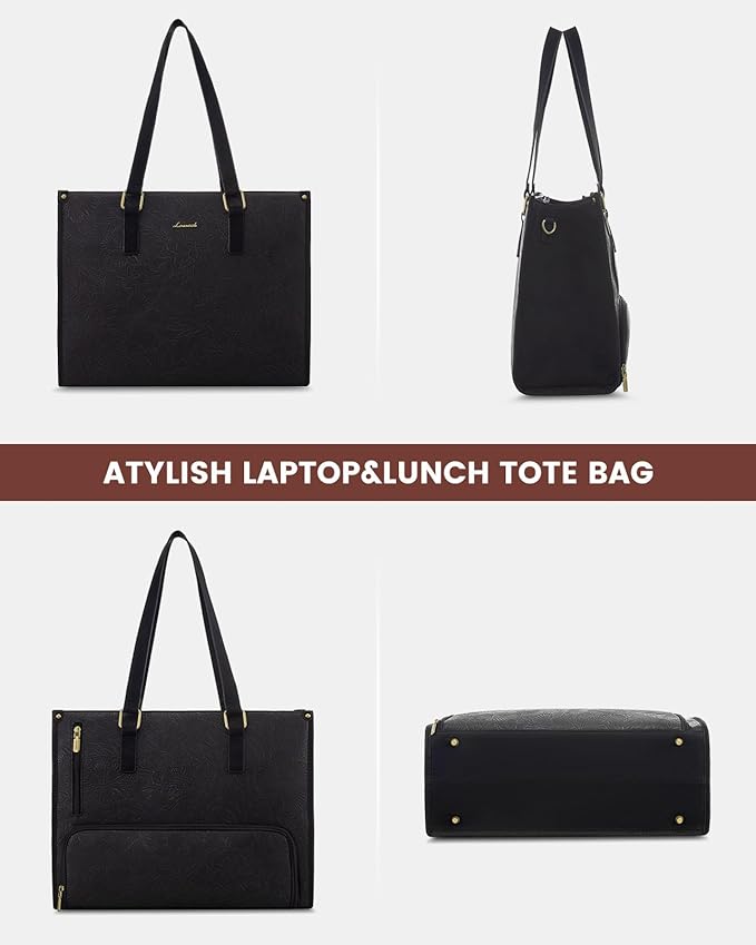 LOVEVOOK Lunch Tote Bag for Women, 15.6 Inch Laptop Bag with Insulated Lunch Compartment, Quilted Large Capacity Computer Handbag with Purse for Business, Work, Collage, Office, Casual, Jet Black