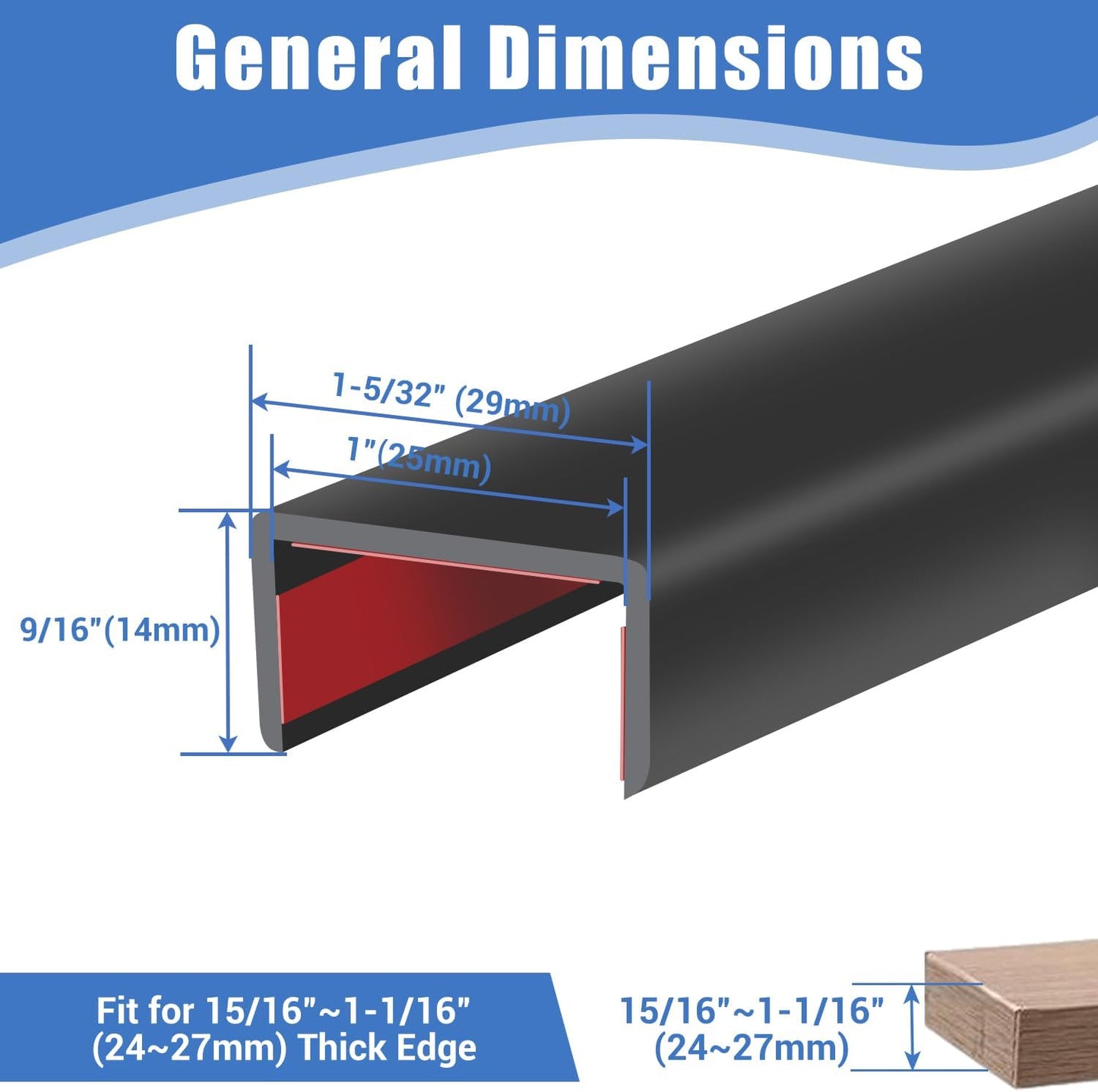 Rubber Edge Trim, Self-Adhesive U Channel Edge Protector for Plywood, Cabinet, 1" Wood Edge Banding, Flexible Furniture Repair, EPDM Material, Fit 1"(25mm), Length 20Ft, Black Color