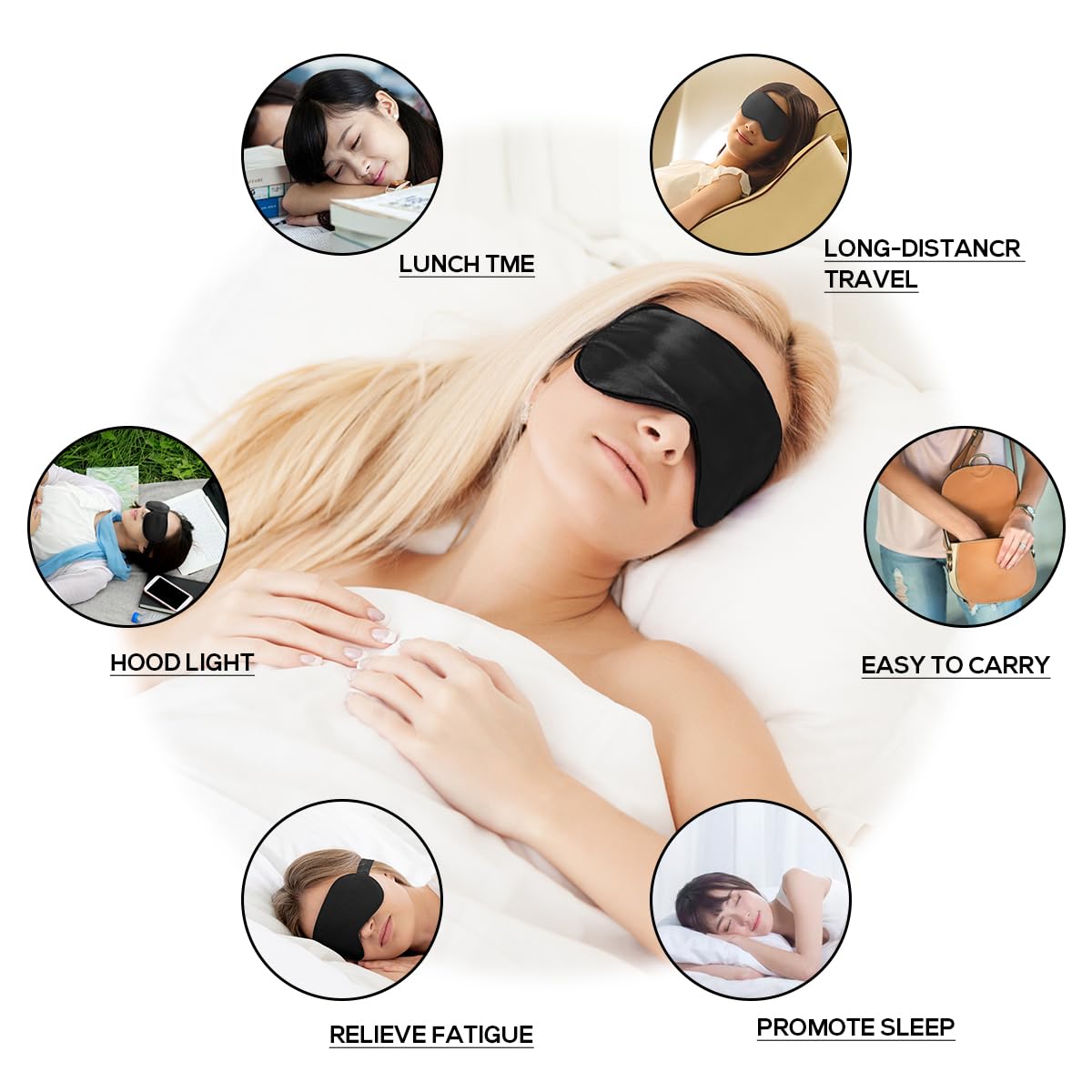 Ukissim Silk Sleep Mask, Adjustable Soft Eye Cover for Comfortable Sleep & Naps, Pressure-Free, Machine Washable - Black