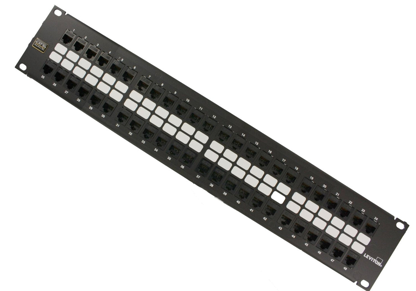 Leviton Gigamax 5E Quickport Patch Panel, 48-Port, 2Ru, Cat 5E, Cable Management Bar Included, 5G270-U48, Black