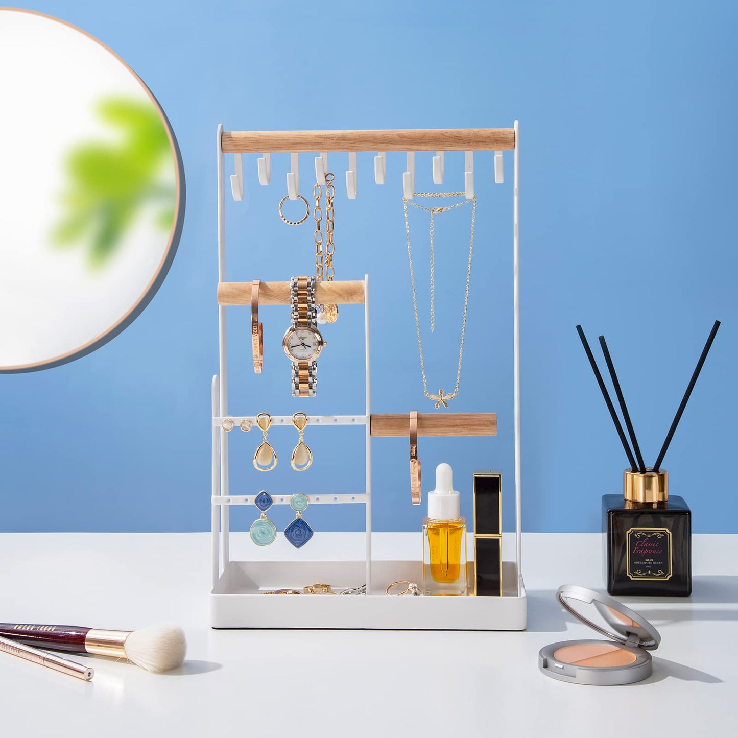 ProCase Jewelry Organizer Stand Necklace Holder, 4-Tier Tower Rack with Earring Tray, 10 Hooks Necklaces Hanging Small Jewelry D