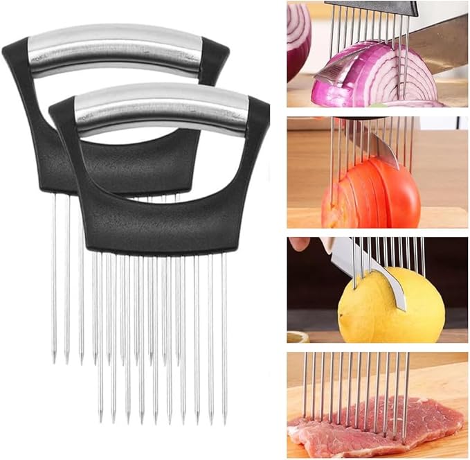 Onion Holder for Slicing, Onion Cutter Vegetable Chopper, Stainless Steel Slicer for Potato, Avocados, Eggs, Food Slicer Assistant Tool for Fruit Lemon and Meat (2)