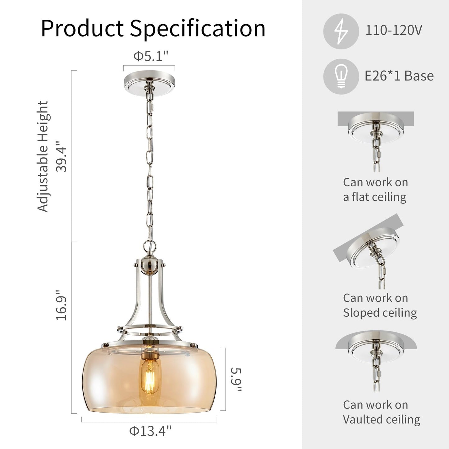 WUZUPS Nickel Chandelier Pendant Light, Amber Glass Shade, E26 Base, H 17in W 13.4in, Rustic Farmhouse Industrial Design