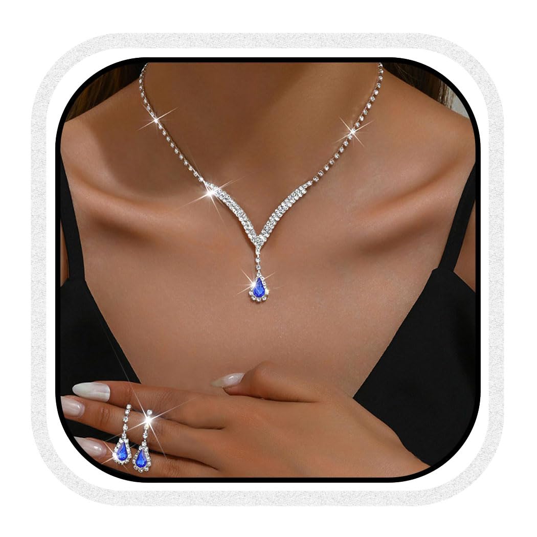 Unicra Bridal Wedding Jewelry Set Silver Rhinestone Necklace Earrings Sets Formal Costume Jewelry for Women and Brides (A-Blue)