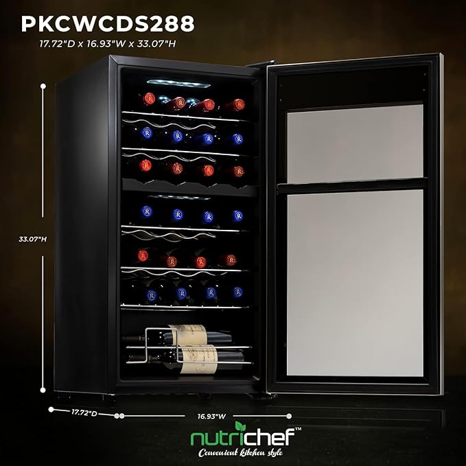 Nutrichef 28 Bottle Wine Fridge - Dual Zone Wine Chiller, Adjustable Temperature 41°F to 64°F, Ultra Quiet Operation, Free Standing Wine Cooler For Home, & Office, 33 x 11 x 26 IN (Black)