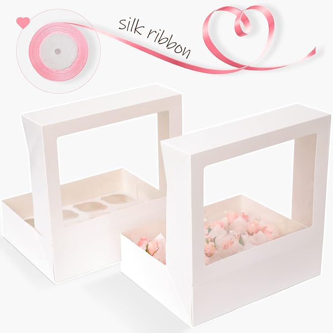 Bakepacker Auto-pop Up Cupcake Boxes with Window White 12PCS 12 Count Cupcake Box 13"x10"x3.5" Cupcakes Carrier, 12 Cupcake Containers with rolls of pink ribbons