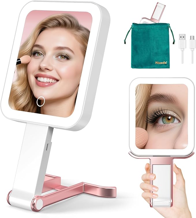 Mocado Travel Makeup Mirror with Lights,10X/1X Magnifying Mirror with Light, Double Sided Travel Mirror with 3 Color Light,Dimmable Touch,Lighted Makeup Mirror for Tabletop,Handheld,Hanging(Rose Gold)