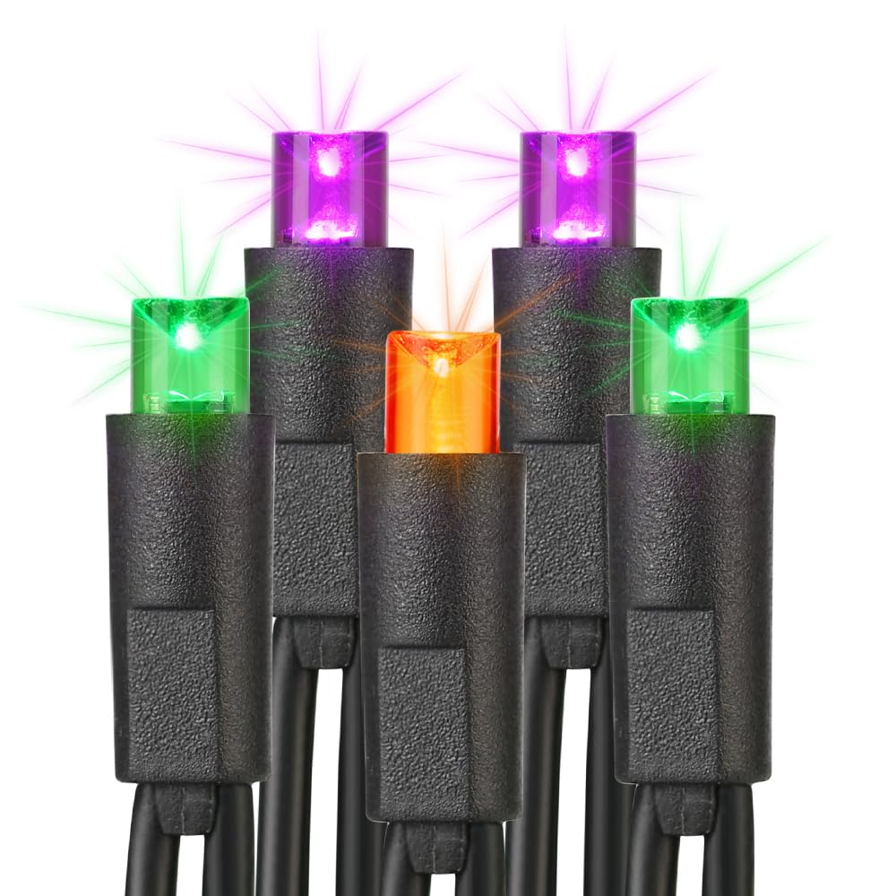Brizled Halloween String Lights, 33ft, 100 LED, 5MM Wide Angle, UL Certified, Purple Orange Green