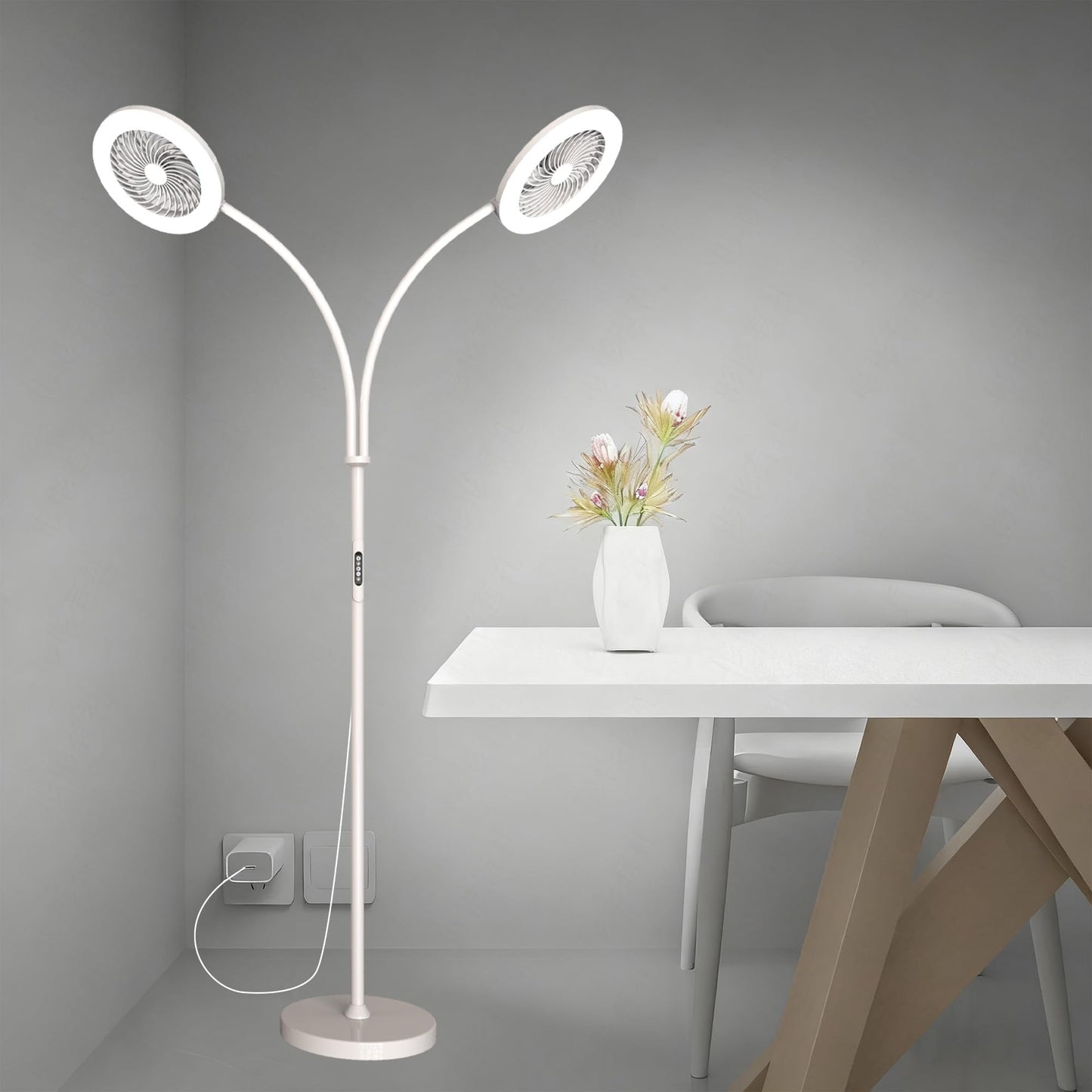 ONIDEK Floor Lamp with Fan, RGB 12W/1000lm, Stepless 3000K-6000K, Remote Control, Gooseneck, White-2, Model