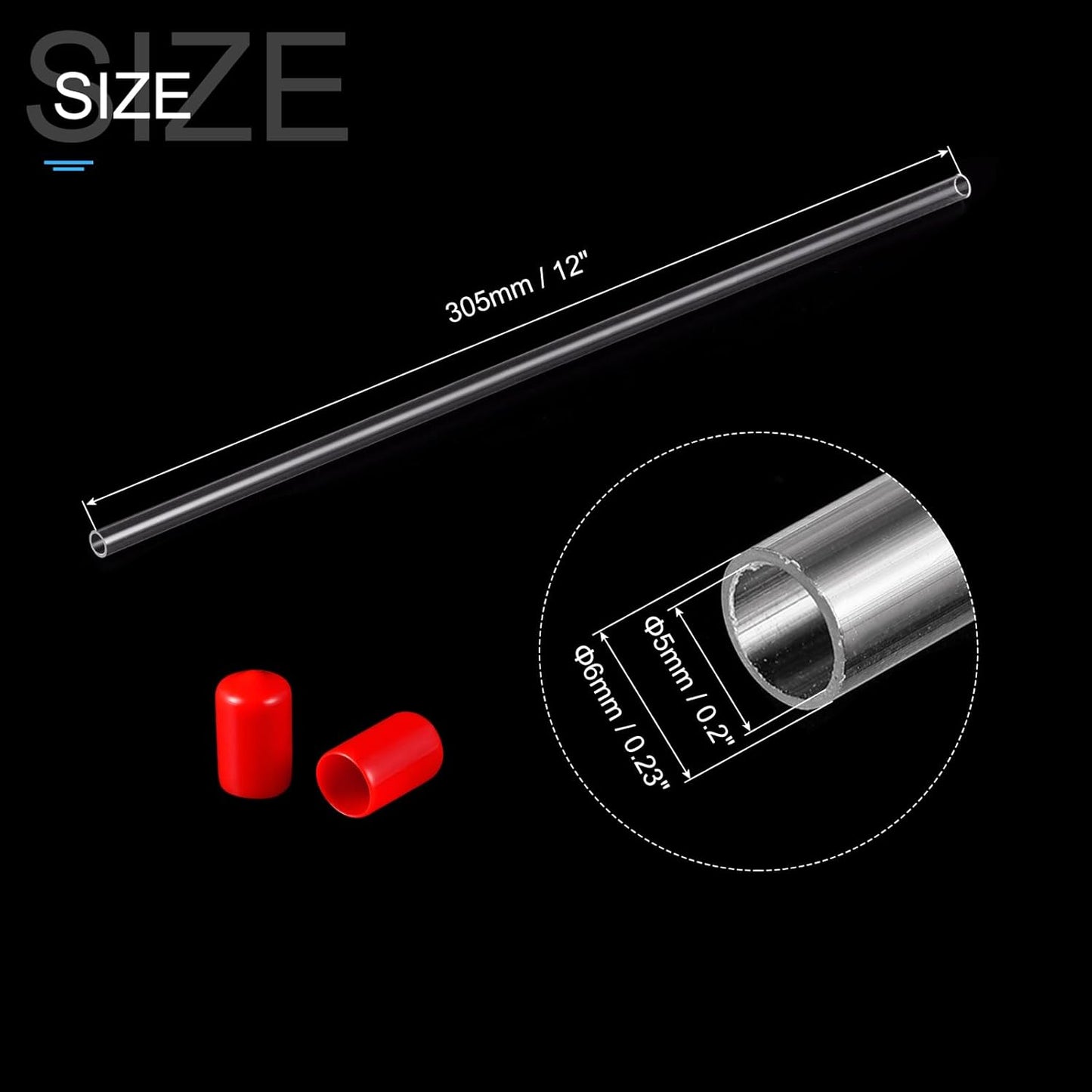 PATIKIL Clear Rigid Tube Round Plastic Tubing with Red Rubber Caps Polycarbonate Water Pipe, 305mm/ 12 Inch Length, 5mmx6mm/0.2"x0.23", 2 Set