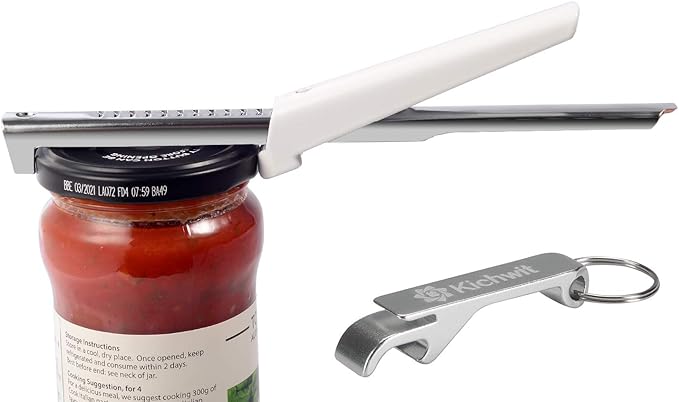 Kichwit Adjustable Jar Opener for Arthritis & Weak Hands & Seniors, Easily Opens 3/8" to 4" Jar and Bottle Lids, Free Bonus Bottle Opener Keychain Included