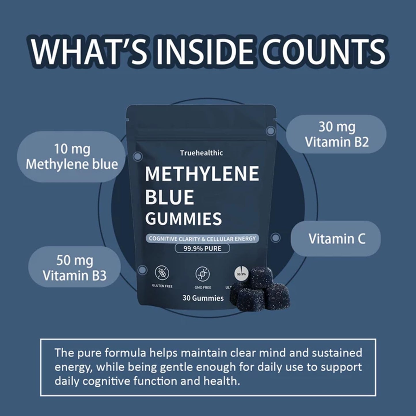 Truehealthic Methylene Blue Gummies, 5mg of Methylene Blue Per Gummy for Sustained Energy, Mental Clarity, Lifted Mood, 99.9% Pure, 30 Gummies (1Pc)