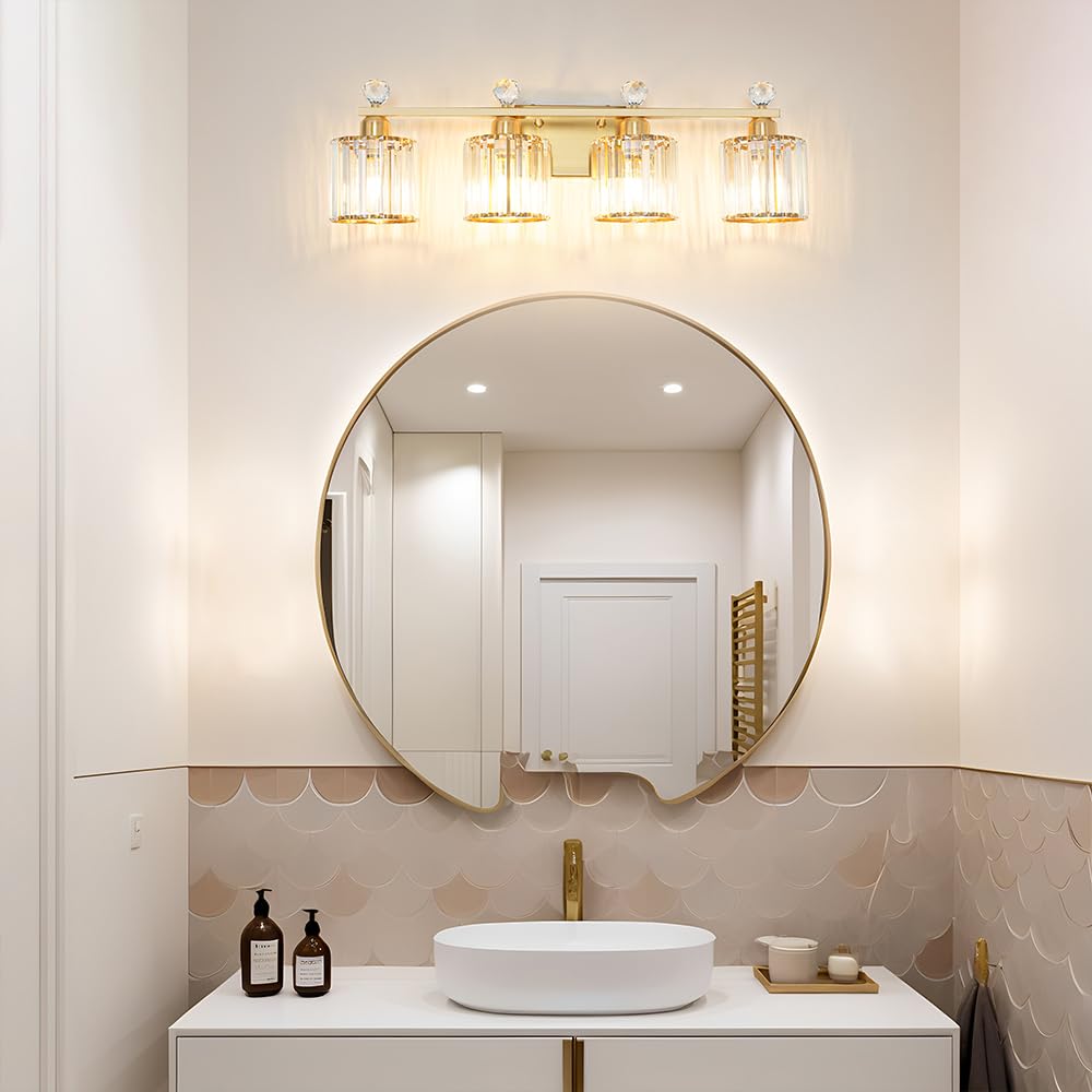 Modern Crystal Bathroom Vanity Light  4-Lights Bathroom Light Fixtures  Brass Gold Vanity Lighting Fixtures Over Mirror  Brushed Wall Sconce Light For Bedroom  Kitchen  Living Room  Gallery  E26 Base