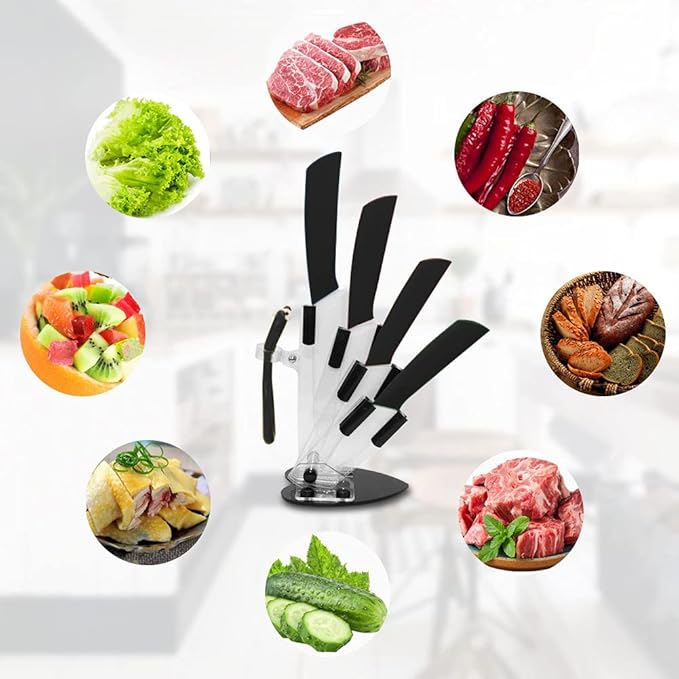 5-Pieces Ceramic Knife Set,Sharp Ceramic Knife with Block Stand,Steak Knife,Black Kitchen Knives With Anti-Slip handle,Includes 6"Chef Knife,5"Utility Knife,4"Vegetable Knife,3"Bread Knife,1"Peeler