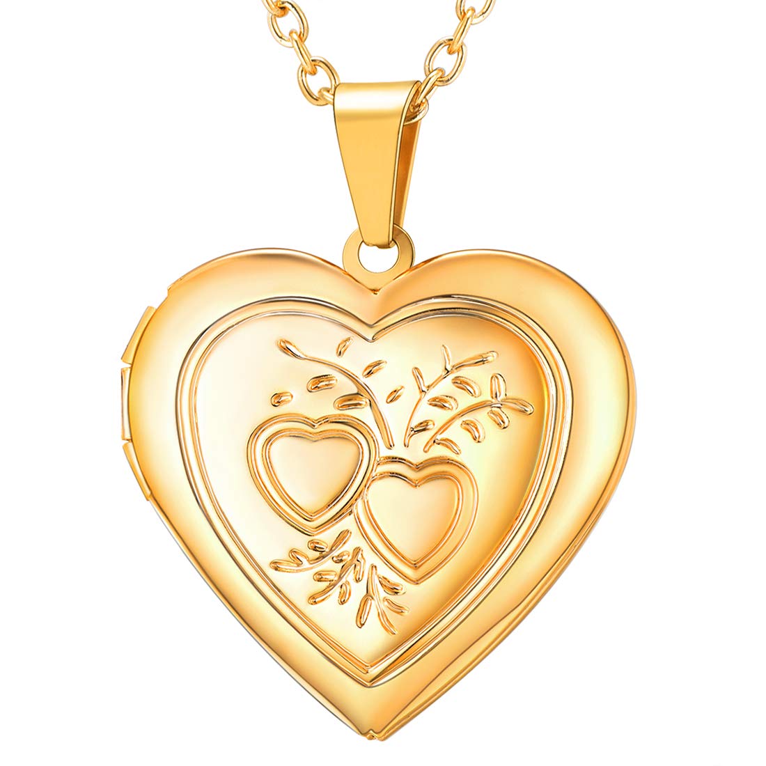 U7 Women Locket Necklace 18K Real Gold Plated Link Chain Heart & Heart Pendant for Photo
