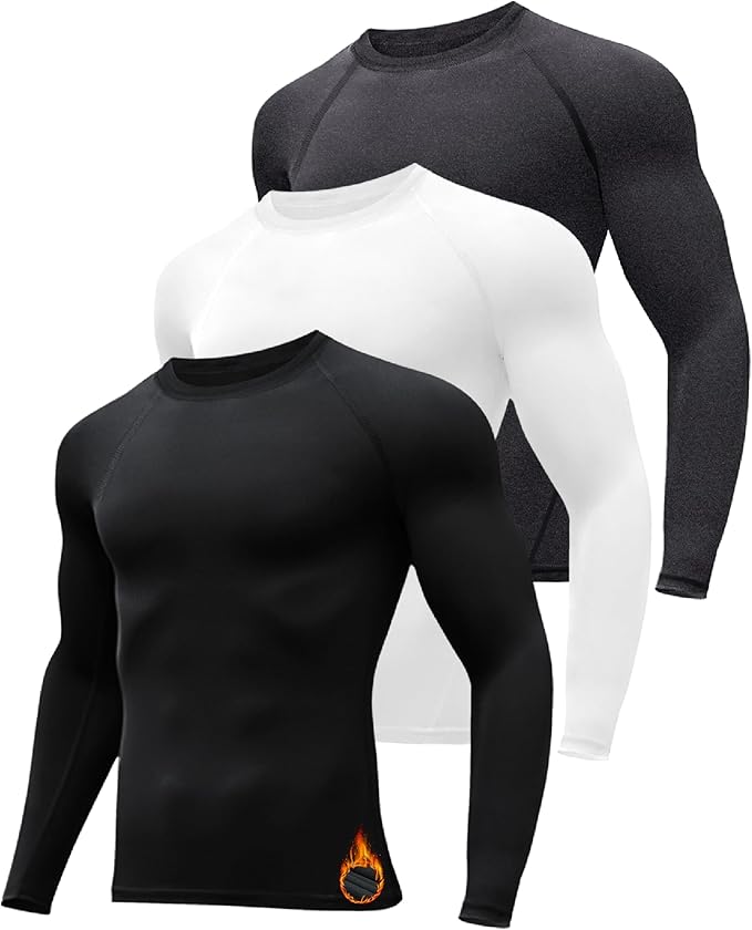 HovSiyla 3 Pack Men's Thermal Underwear Shirts Compression Fleece Lined Long Sleeve Athletic Base Layer Cold Weather