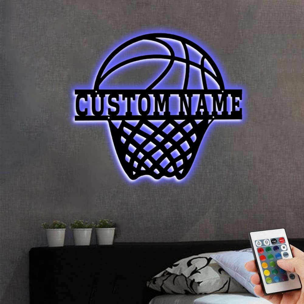 Personalized Name 7 Colors Football lamp Custom Wall Art Night Light LED Name Sign Gift for Boys Men Girls (B-Basketball)