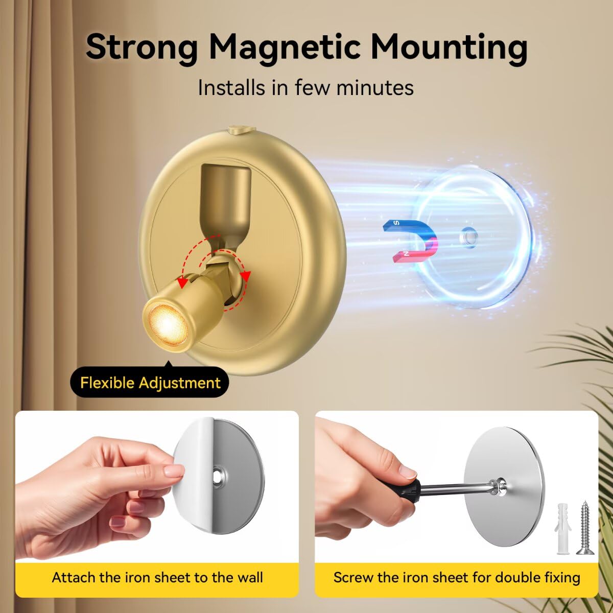 Ler0ktr Rechargeable LED Spotlight - Wireless Mini Art Accent Light, Dimmable, 2 Pack, Gold, Model SL-BG-22, Indoor Use