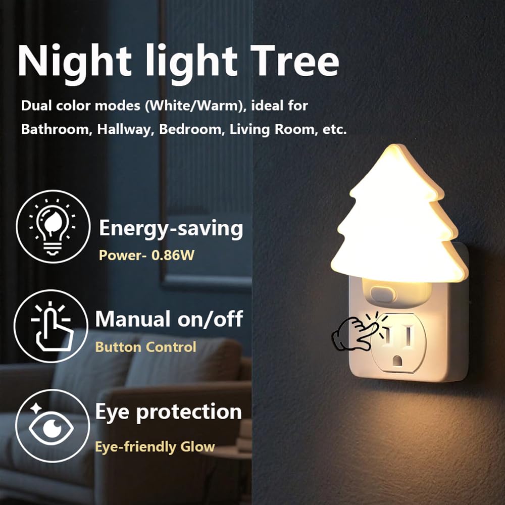 Led Night Light Christmas Tree Lights Plug Into Wall [2 Pack] With Manual On-Off  Dimmable Nightlights Warm/White Wall Art For Home Decor Bathroom Hallway Bedroom Kids Room Apartment  White