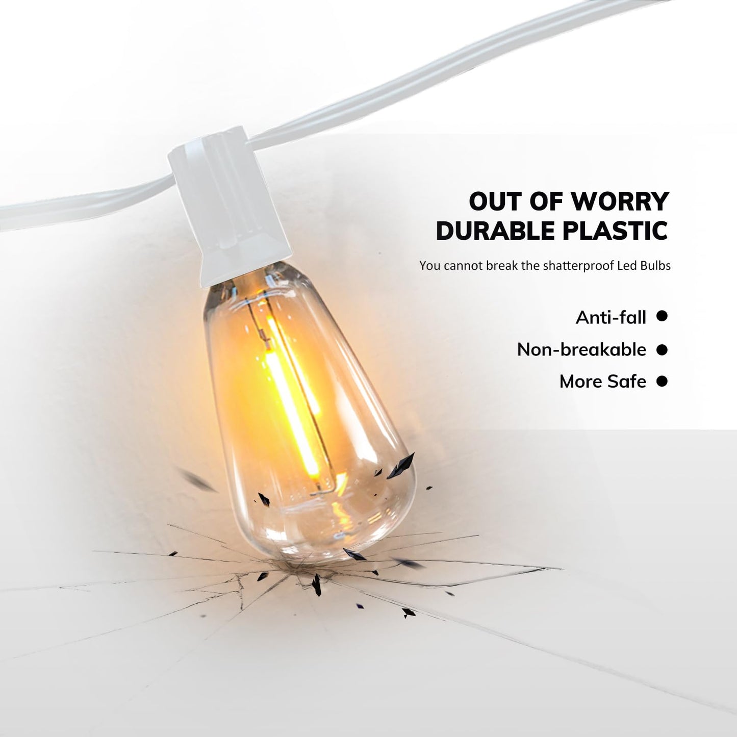 Achin Outdoor String Lights 100FT LED Waterproof 50+2 Shatterproof Bulbs 2200K White Cord Model OTS100050-TX20W0-ST38SR122