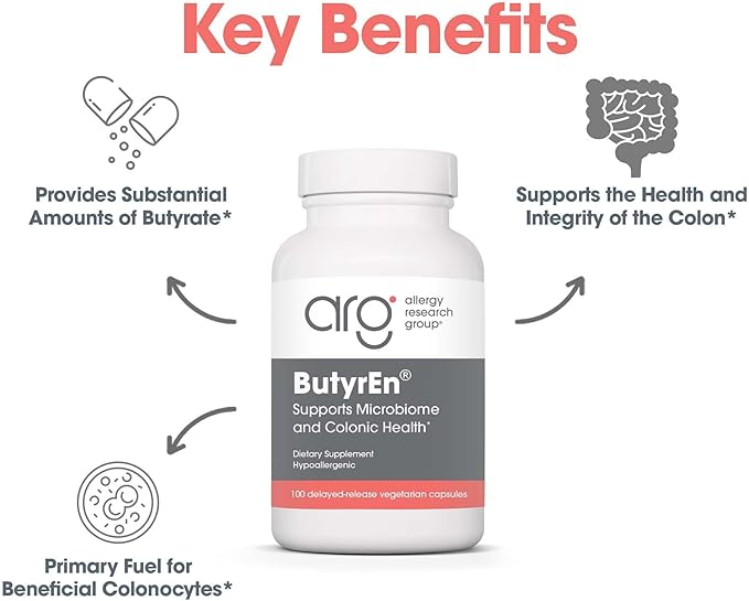 Allergy Research Group ButyrEn Supplement - Butyrate Gut Health Supplement, Colon Lining Nutrition, Butyric Acid, Delayed-Release, Vegetarian Capsules, Gluten Free - 100 Count
