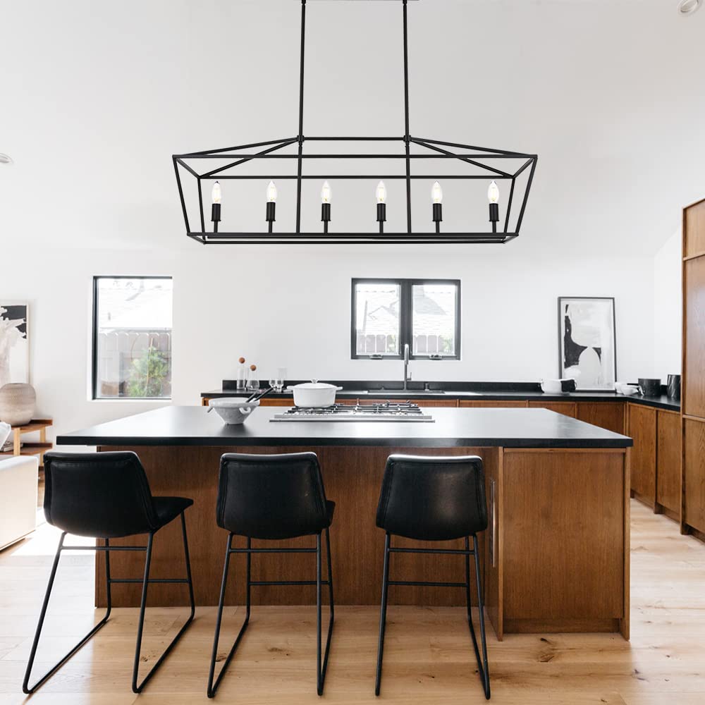 Winshen 6-Lights Kitchen Island Pendant Lighting In Black Finish  42-Inches Width Farmhouse Light Fixtures Ceiling Hanging For Dining Room Pool Table