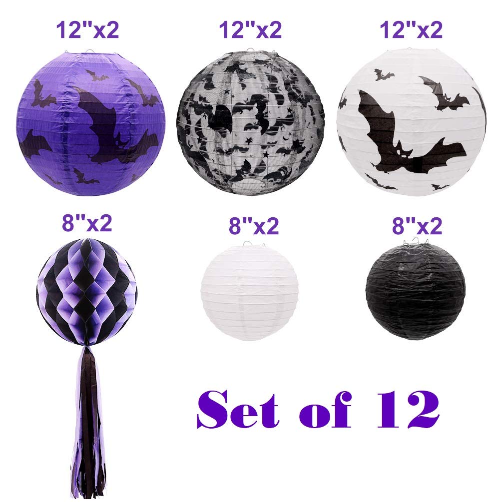 Uniqooo 12Pcs Spooky Halloween Decor Black White Purple Hanging Paper Lanterns Set With Decorative Bats & Honeycomb Pom Pom Tassels For Indoor/Outdoor Holiday Home Garden Decor Party  12 In & 8 In