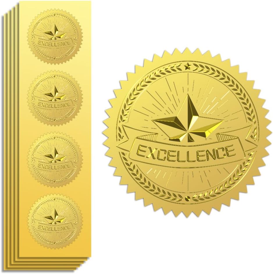 Peacoblue Gold Foil Stickers Seals Official Embossed 2 Inch 100Pcs Excellence Wreaths, Self Adhesive Gold Around Embossing Medal Stickers for Certificate Paper, Student Reward, Awards, Envelope Seals