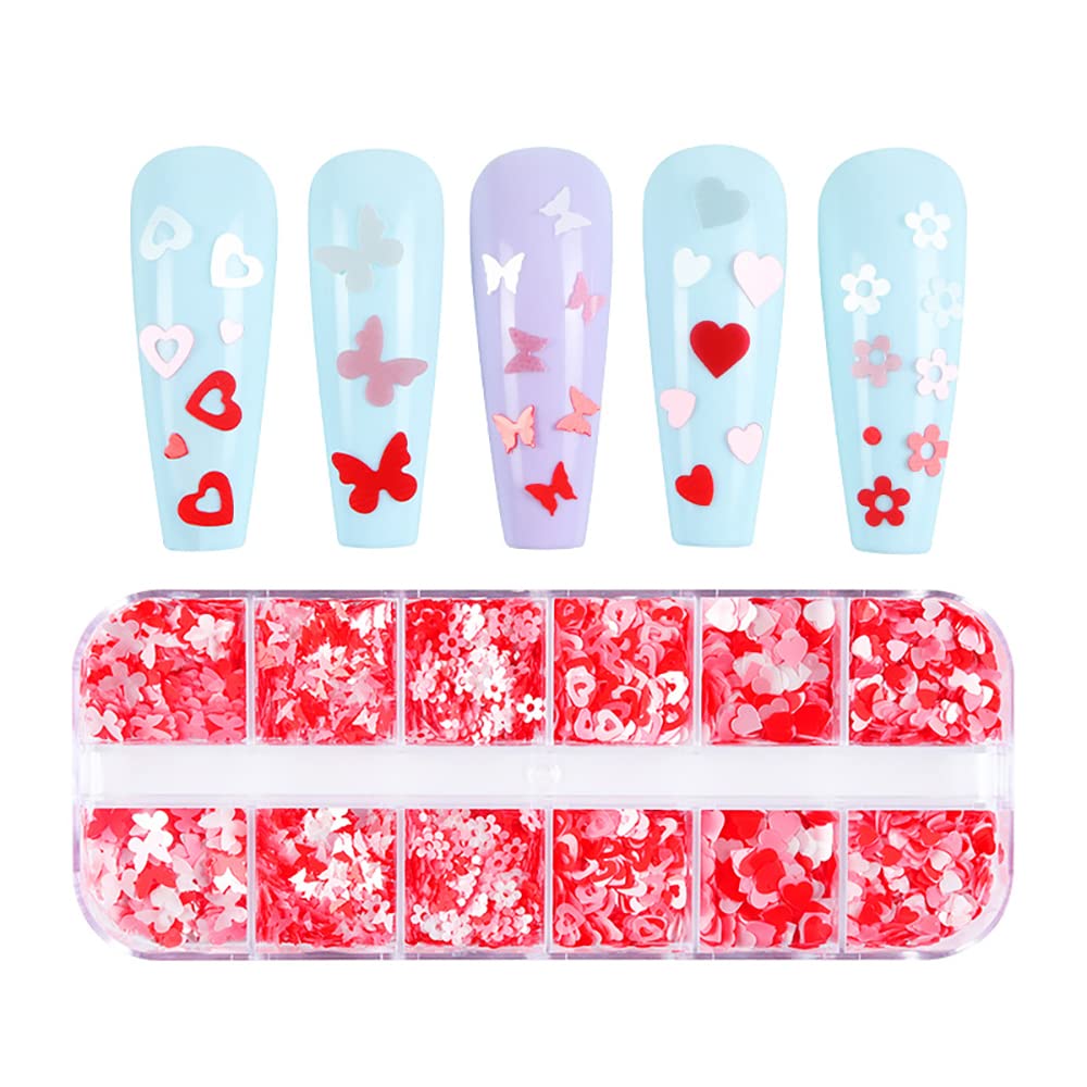 Valentines Nail Glitters, Holographic Heart Nail Glitter Sequins Red White Heart Butterfly Flowers Mixed Design Valentines Day N