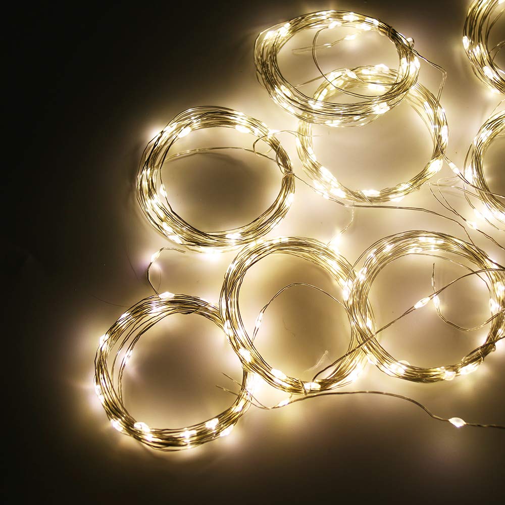 Vicila Curtain Lights 300 LED String Lights USB Powered 8 Modes Timer Remote Dimmable Copper 9.8ft x 9.8ft Warm White