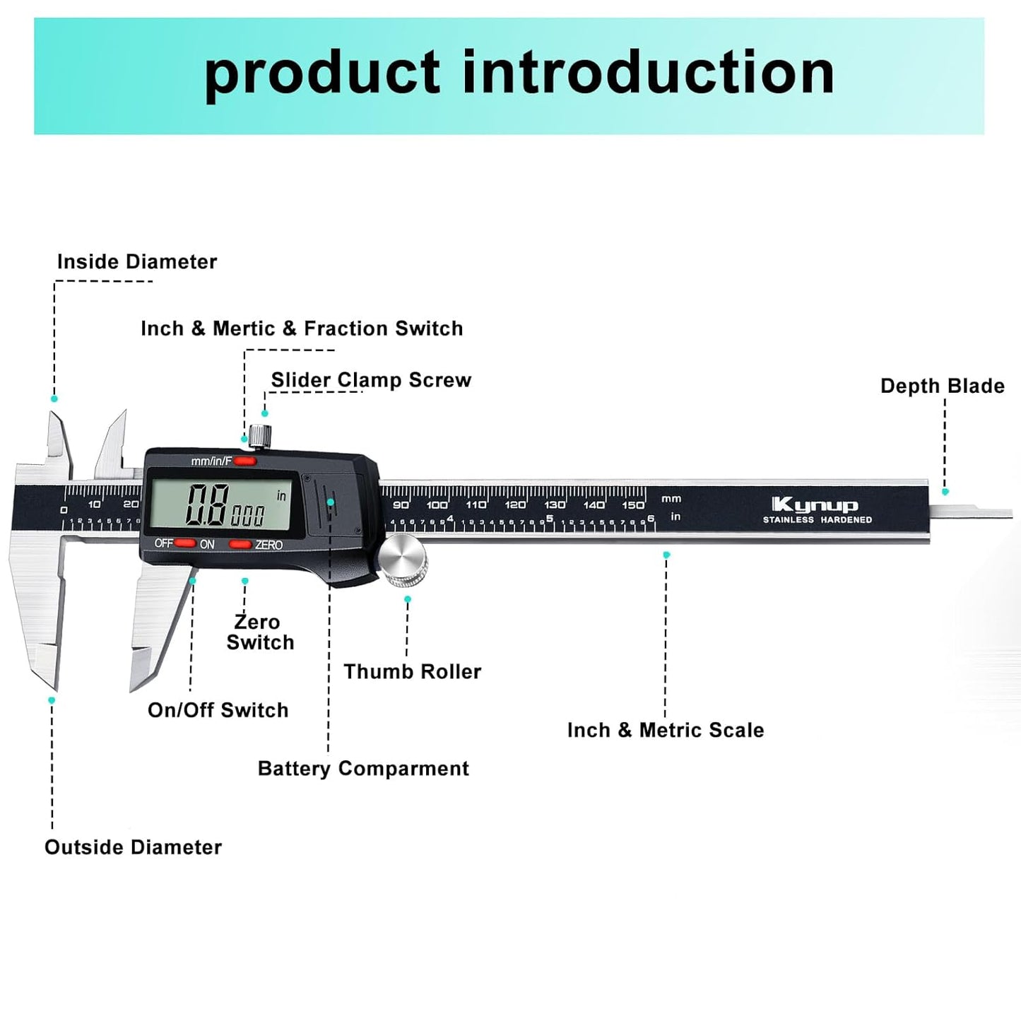 Kynup Digital Vernier Caliper, Caliper Measuring Tool, Outside Micrometer Dial Caliper with Stainless Steel, Large LCD Screen, Auto - Off Feature, Inch Metric Fraction Conversion (6Inch/150mm)