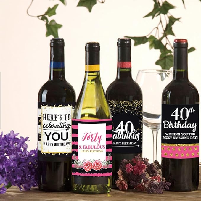 40th Birthday Wine Bottle Labels, Black and gold pink,Birthday party supplies,Funny Birthday gifts for women, Set of 6