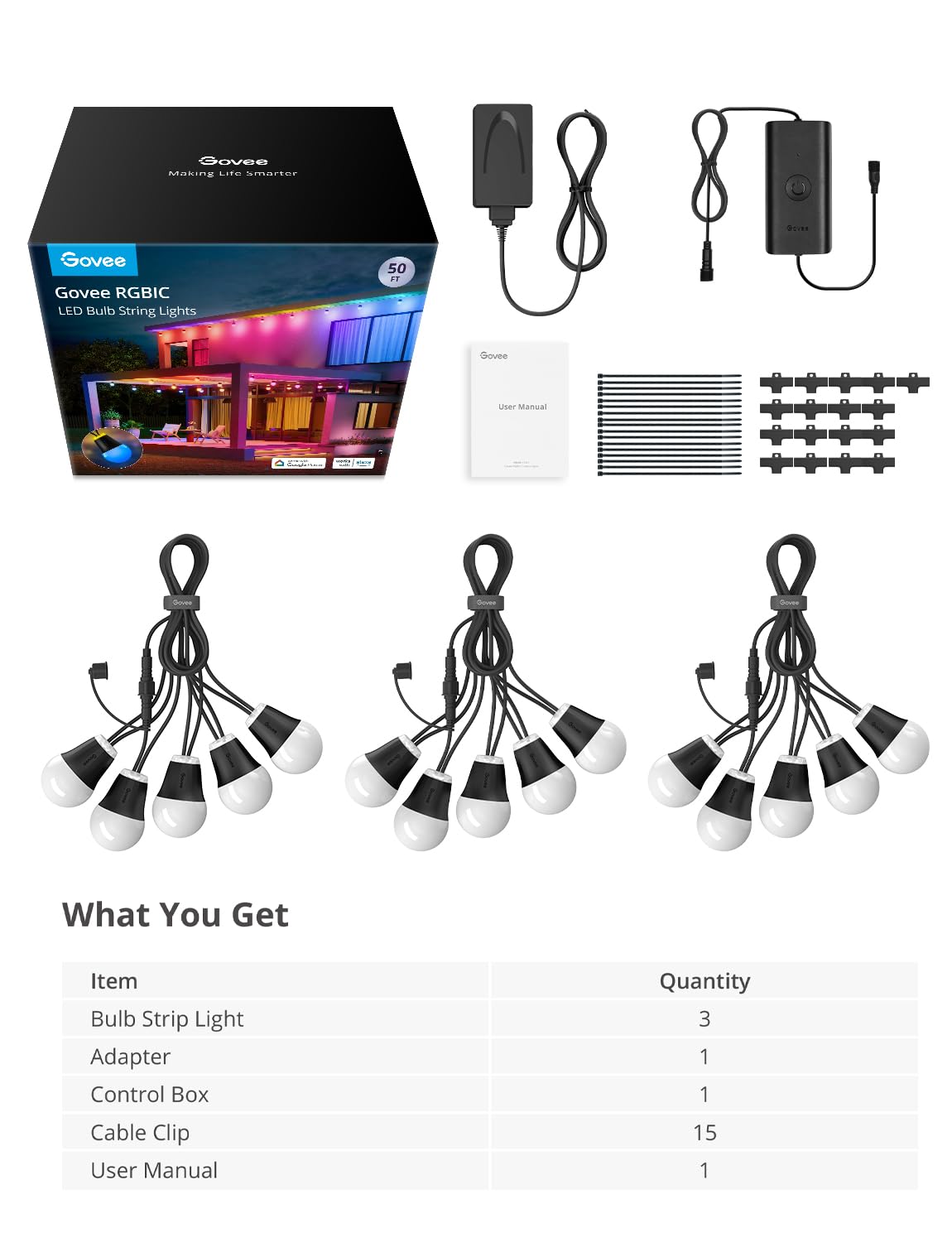 Govee Outdoor String Lights H1, 50ft RGBIC Outdoor Lights with 15 Dimmable Warm White LED Bulbs, Smart Outdoor Lights with 60 Scene Modes, IP65 Waterproof, Work with Alexa, Daily Lighting