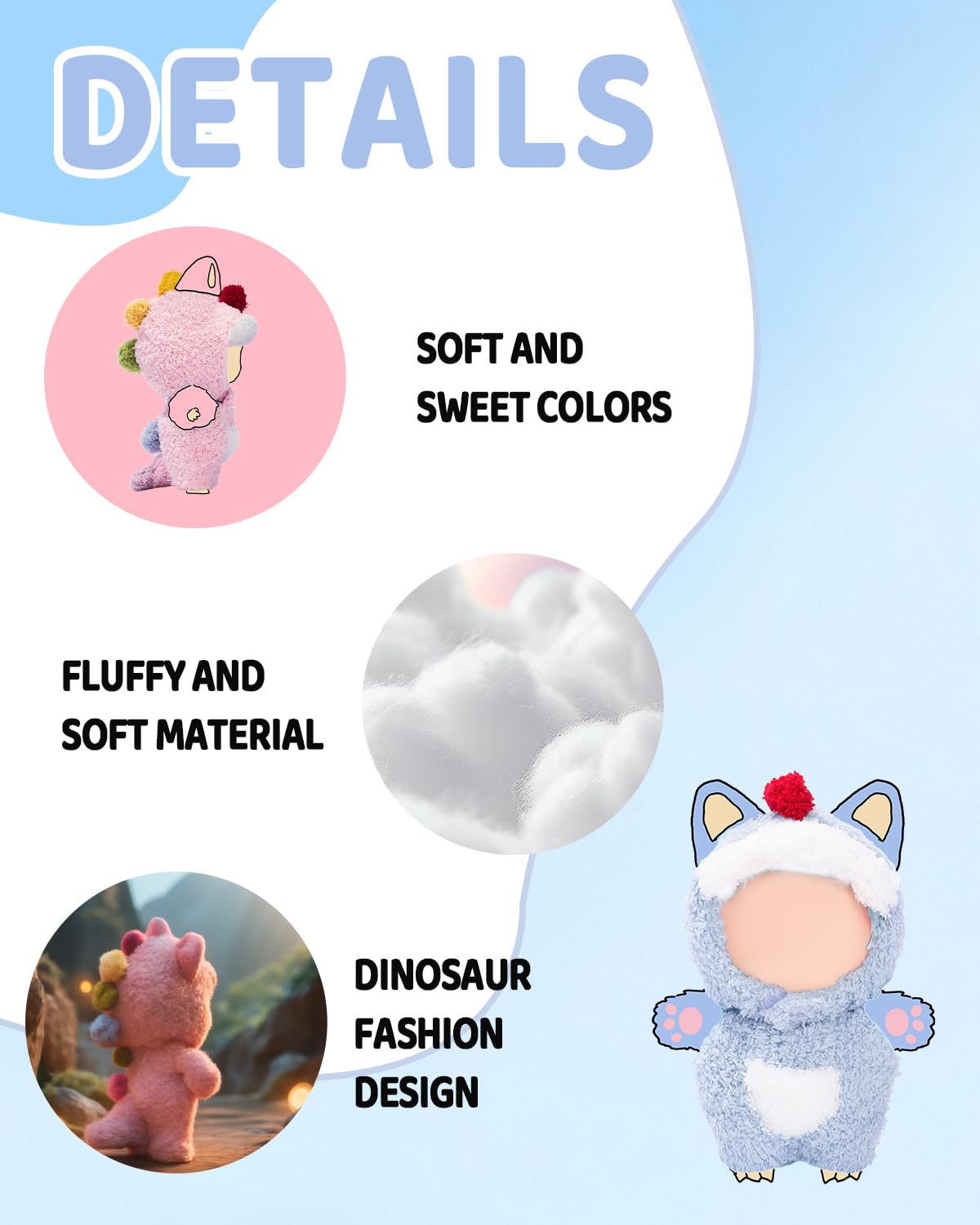 17cm (6.7inch) Doll Clothes, Outfits for Clothes Set, Dino Dolls Keychain Accessories, Faking Animal Style Outfit Jumpsuit Dinosaur Costume for Dolls (Black) (Doll Not Included)