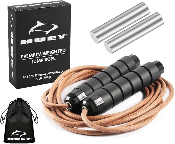 HUEY Sport Weighted 1lb Leather Jump Rope Adjustable Skipping Rope for Speed Quiet Training Boxing MMA Cardio Crossfit Fit...