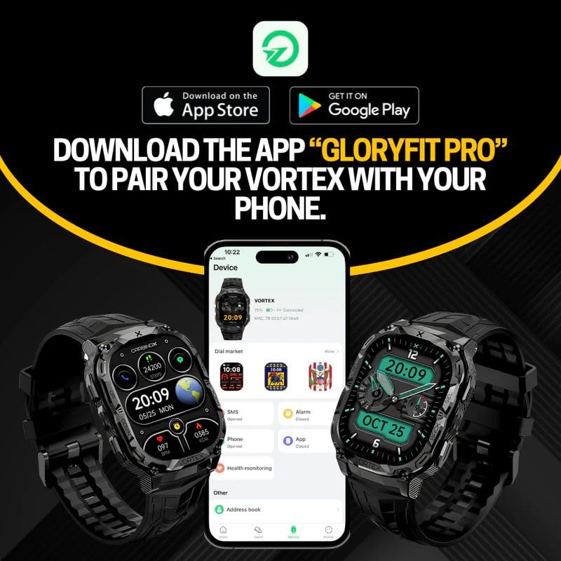 CARBINOX Vortex Smart Watch with Metal Band 22 mm, Rugged Fitness Tracker IP69K Waterproof Compatible with Android and iOS Phone, 14 Days of Battery Military Durable