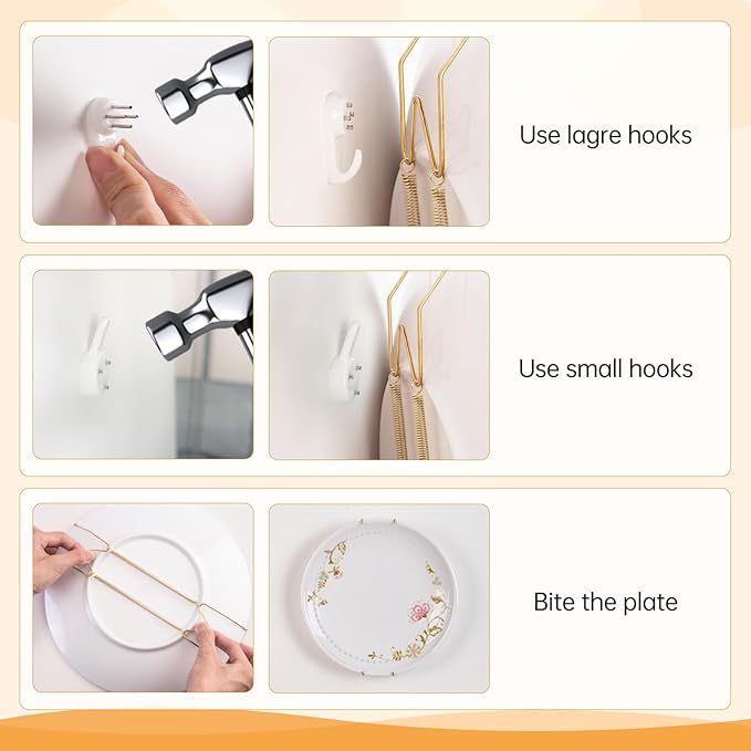 Bilillo 14 Pieces Plate Hangers for Wall - 6/8/10/12/14 Inch Invisible Plates Hanger, Stainless Steel Plate Holders with 14 Pieces Wall Hooks for 5.5 to 16 Inch Decorative Plates and Arts (Gold)