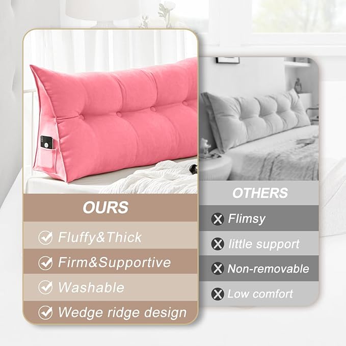 Large Triangular Headboard Pillows Long Backrest Positioning Support Bolster Cushion for Daybed Fluffy Quality Plush Body Wedge Pillow with Removable Cover(Pink -King-76x8x20in)