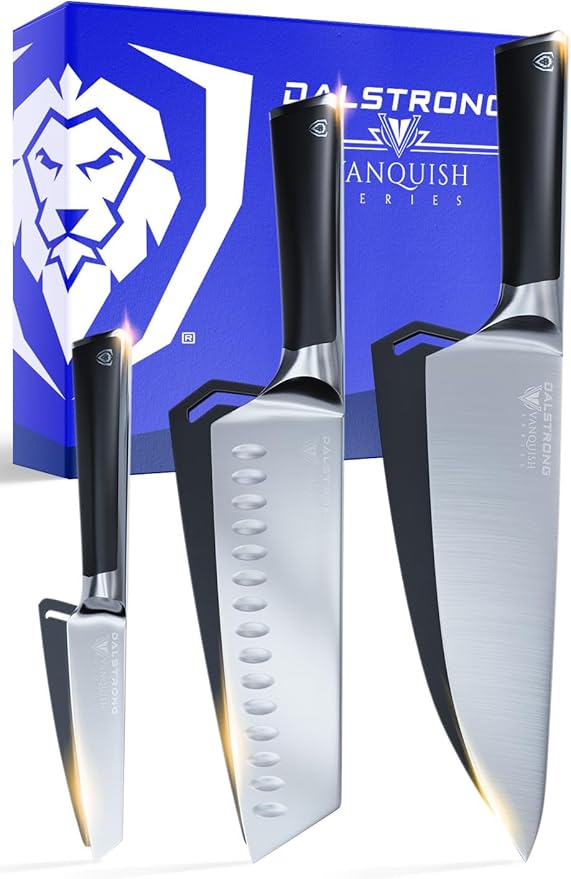 Dalstrong 3pc Knife Set - Vanquish Series - Forged High Carbon German Steel - Black Handle - Chef Knife, Santoku and Paring - Razor Sharp Kitchen Set - NSF Certified