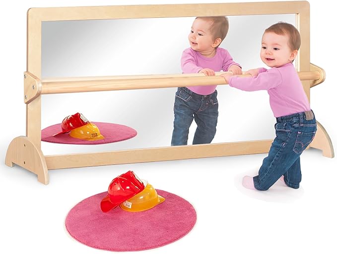 KRAND 3-Position Montessori Wood Frame Non-Shatter Safety Pull Up Bar Baby Big Mirror Set, Infant Coordination Mirror, Kid...